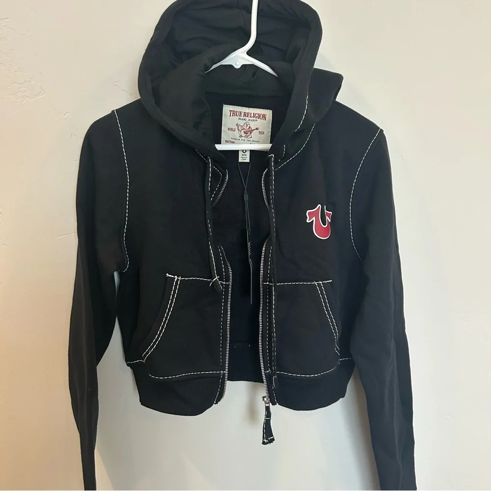 Women’s True Religion Shruken Zip Up Hoodie Big T, Black, Medium - Picture 7 of 10
